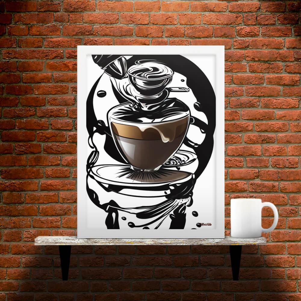 Coffee Art in Motion - Framed Poster - Main image where the product with white frame is placed on a shelf against a brick wall, next to a mug - Cafetitude Wall Art