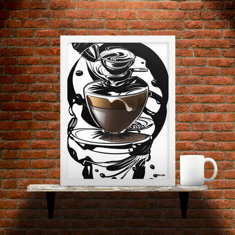 Coffee Art in Motion - Framed Poster - Main image where the product with white frame is placed on a shelf against a brick wall, next to a mug - Cafetitude Wall Art