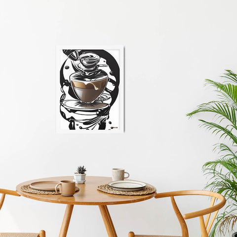 Coffee Art in Motion - Framed Poster - The product with white frame is placed in a minimalist ambiance with a set table and plants - Cafetitude Wall Art