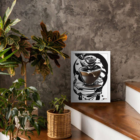 Coffee Art in Motion - Framed Poster - The product with white frame is placed in a stair scene decorated with plants - Cafetitude Wall Art