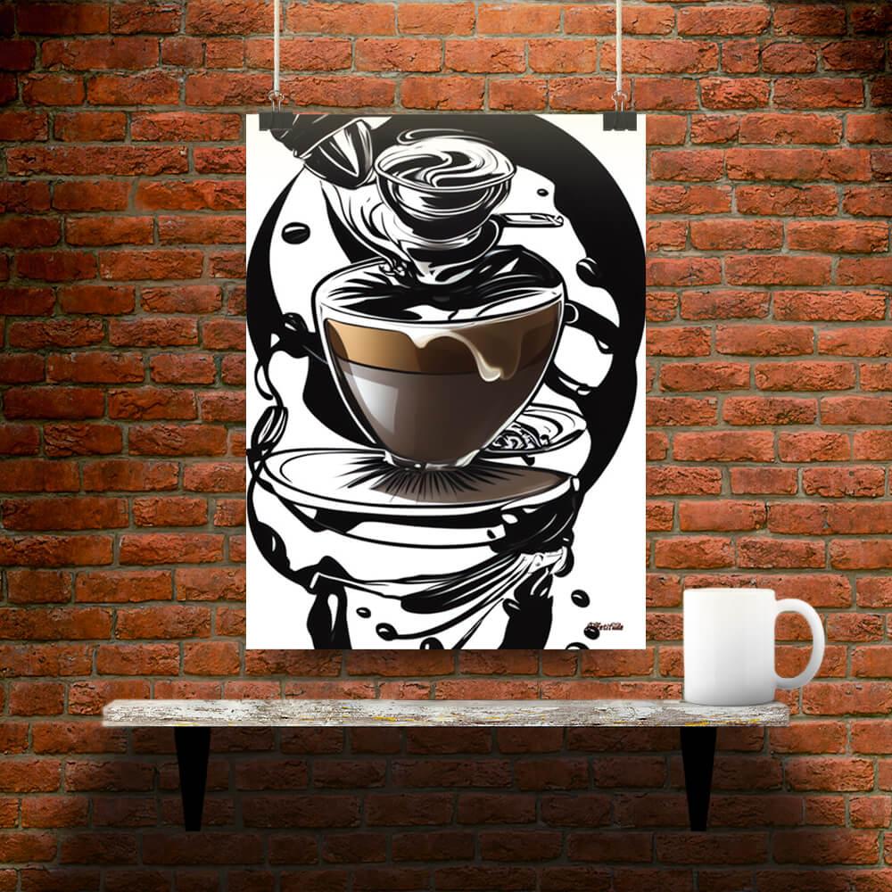 Coffee Art in Motion - Poster - Main image where the product is placed on a shelf against a brick wall, next to a mug - Cafetitude Wall Art