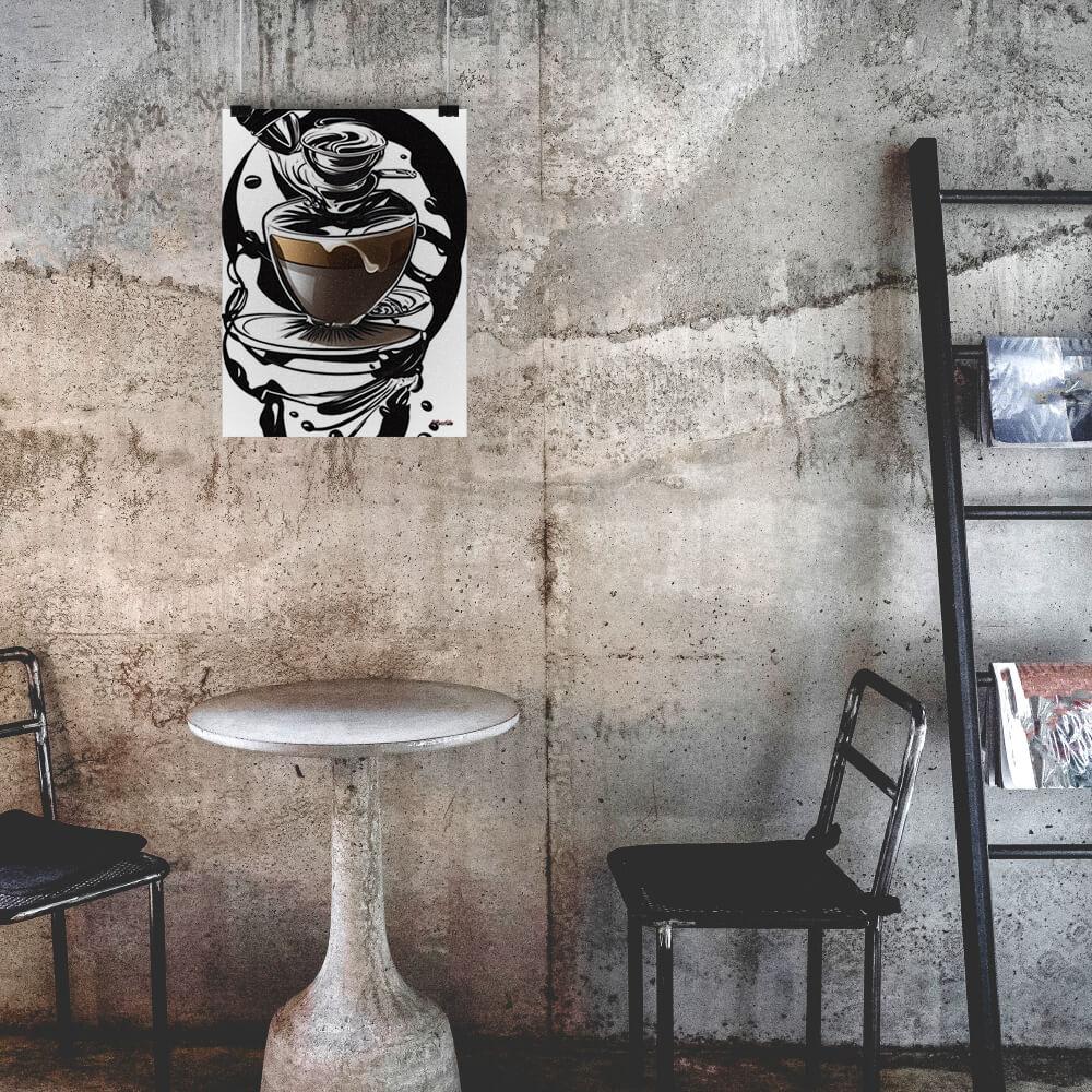 Coffee Art in Motion - Poster - The product is placed in a industrial-style coffee shop ambiance with a set table - Cafetitude Wall Art