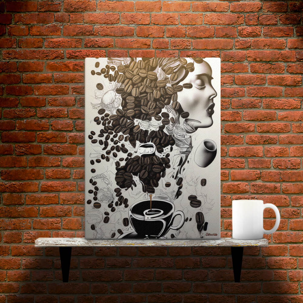 Espresso Inspiration - Canvas - Main image where the product is placed on a shelf against a brick wall, next to a mug - Cafetitude Wall Art