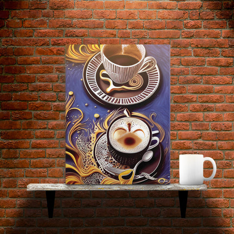 Golden Cupful of Dreams - Canvas - Main image where the product is placed on a shelf against a brick wall, next to a mug - Cafetitude Wall Art