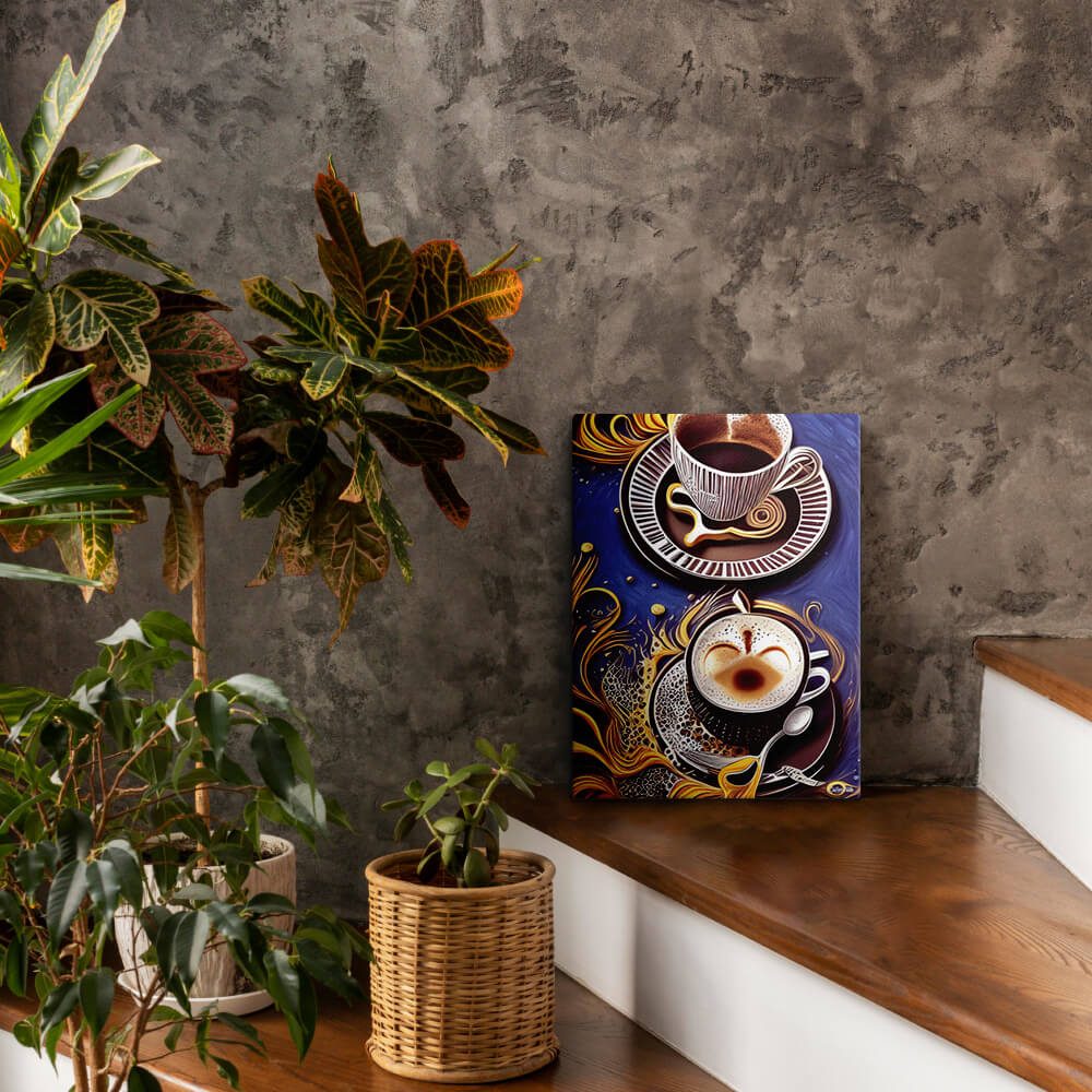 Golden Cupful of Dreams - Canvas - The product is placed in a stair scene decorated with plants - Cafetitude Wall Art