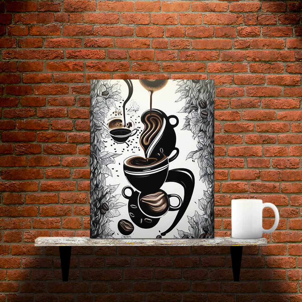 Mysterious Brew - Metal prints - Main image where the product is placed on a shelf against a brick wall, next to a mug - Cafetitude Wall Art