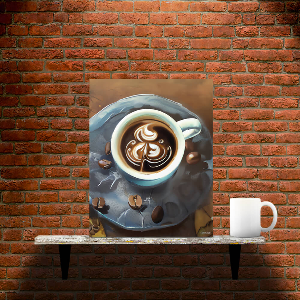 Painterly Coffee - Metal prints - Main image where the product is placed on a shelf against a brick wall, next to a mug - Cafetitude Wall Art