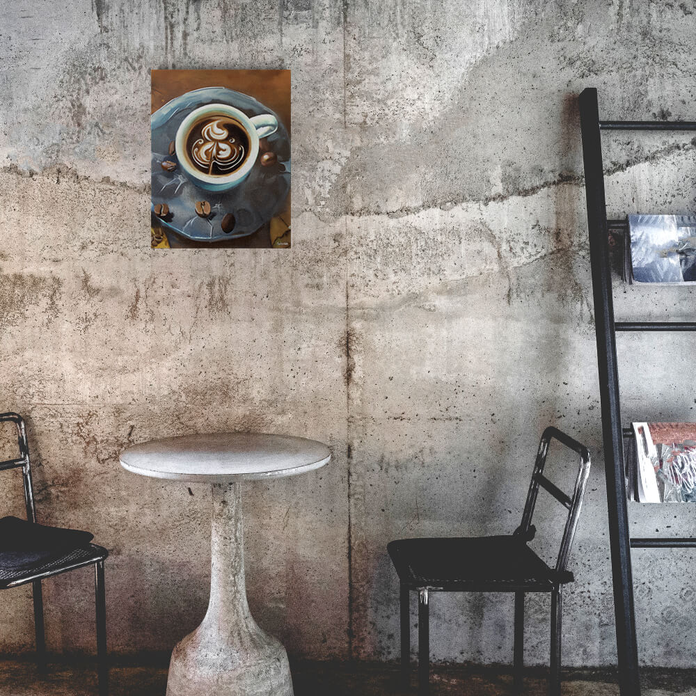 Painterly Coffee - Metal prints - The product is placed in a industrial-style coffee shop ambiance with a set table - Cafetitude Wall Art