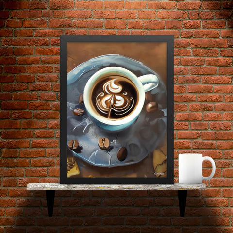 Painterly Coffee - Framed Poster - Main image where the product is placed on a shelf against a brick wall, next to a mug - Cafetitude Wall Art