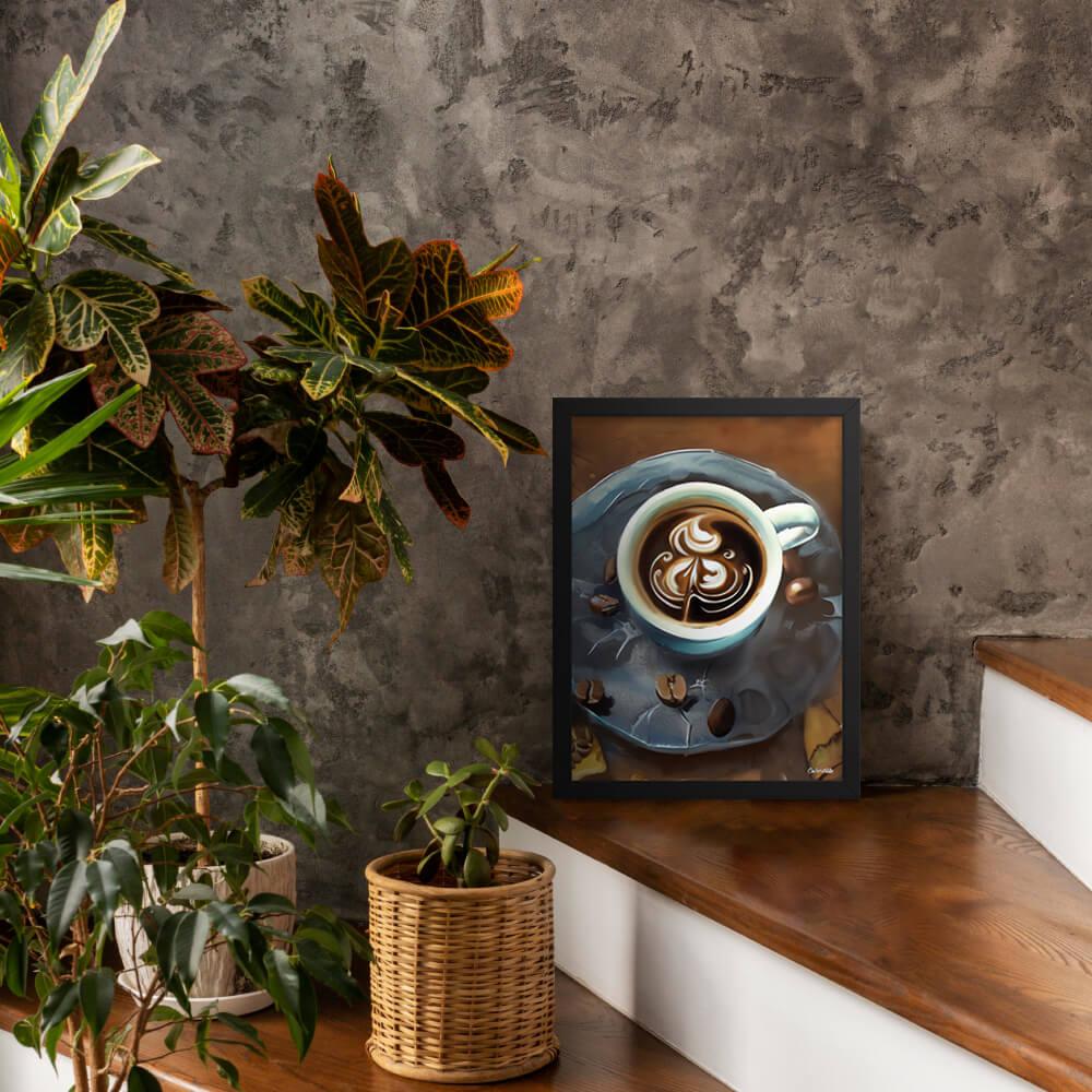 Painterly Coffee - Framed Poster - The product is placed in a stair scene decorated with plants - Cafetitude Wall Art