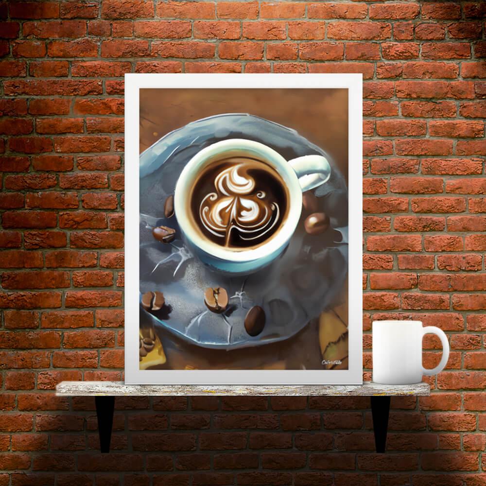 Painterly Coffee - Framed Poster - Main image where the product with white frame is placed on a shelf against a brick wall, next to a mug - Cafetitude Wall Art