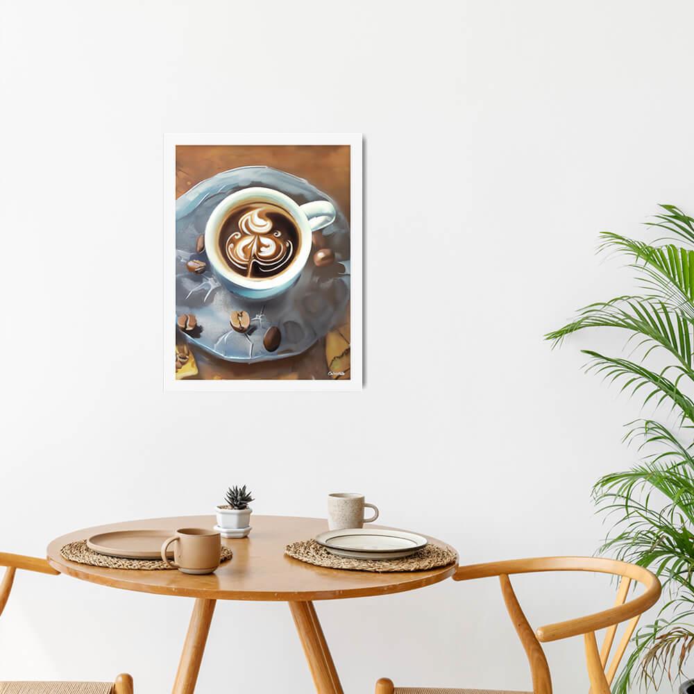 Painterly Coffee - Framed Poster - The product with white frame is placed in a minimalist ambiance with a set table and plants - Cafetitude Wall Art