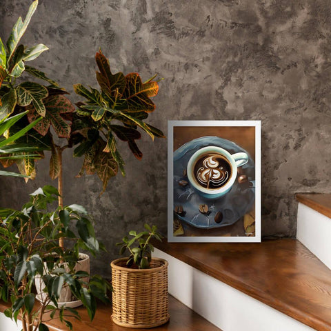 Painterly Coffee - Framed Poster - The product with white frame is placed in a stair scene decorated with plants - Cafetitude Wall Art