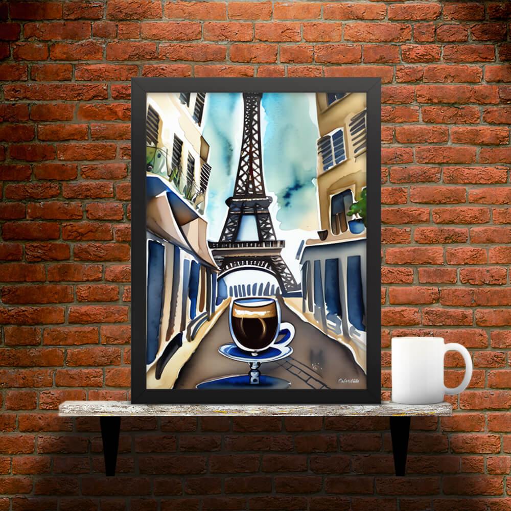 Parisian Brew - Framed Poster - Main image where the product is placed on a shelf against a brick wall, next to a mug - Cafetitude Wall Art