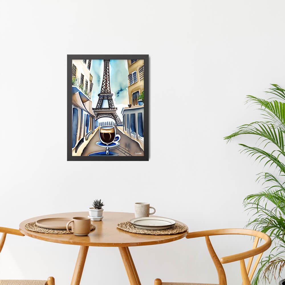 Parisian Brew - Framed Poster - The product is placed in a minimalist ambiance with a set table and plants - Cafetitude Wall Art