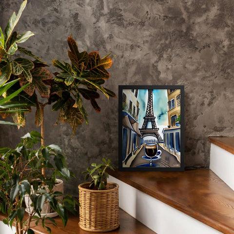 Parisian Brew - Framed Poster - The product is placed in a stair scene decorated with plants - Cafetitude Wall Art