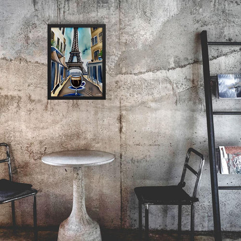 Parisian Brew - Framed Poster - The product is placed in a industrial-style coffee shop ambiance with a set table - Cafetitude Wall Art