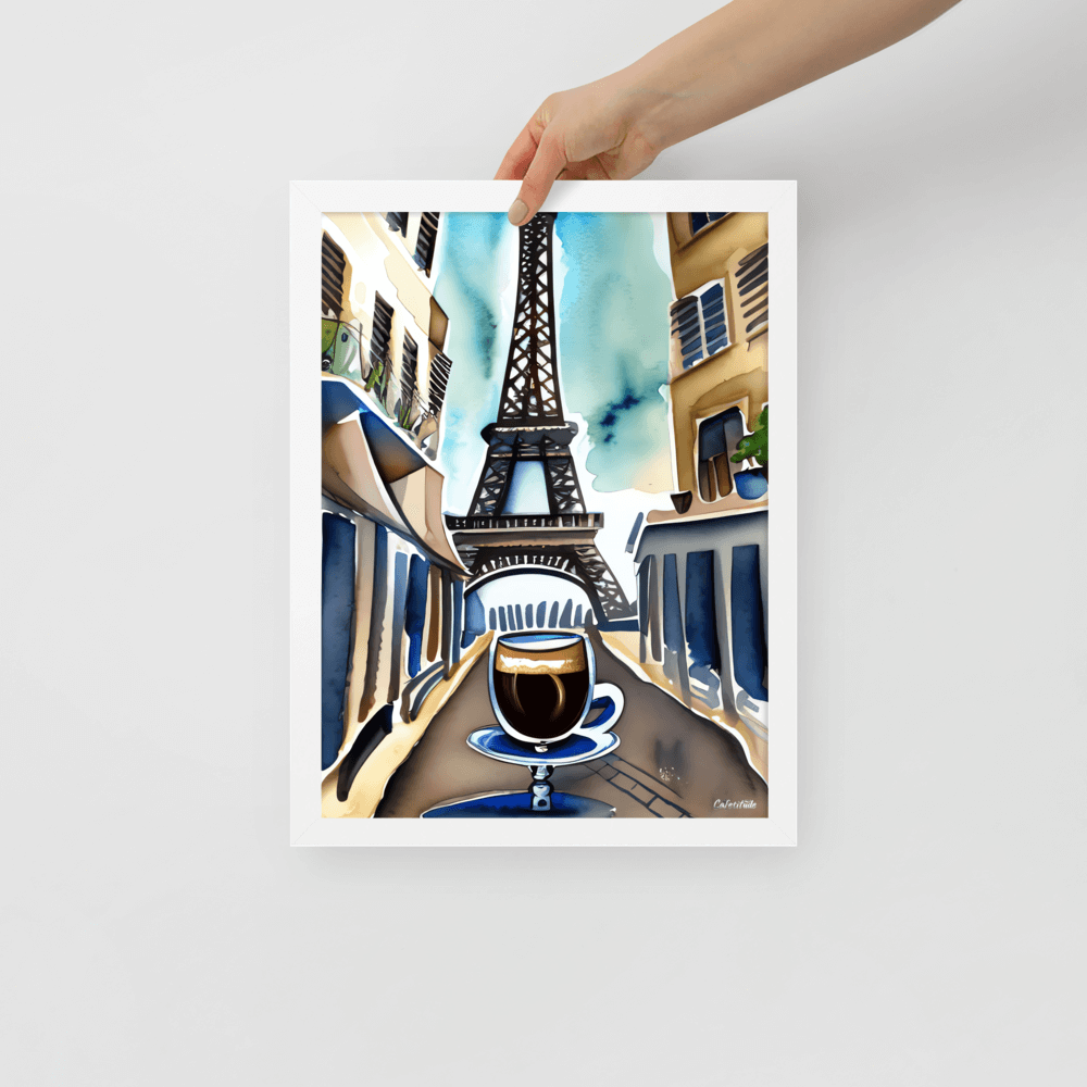 Parisian Brew - Framed Poster - The product with white frame is being held by hand - Cafetitude Wall Art