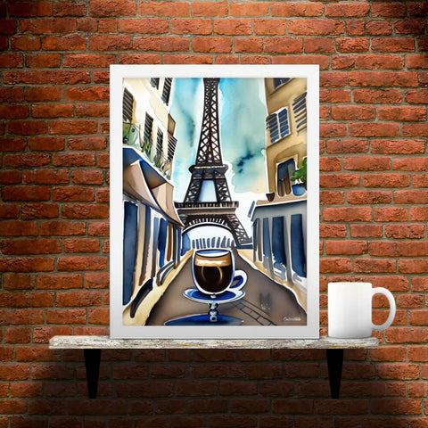 Parisian Brew - Framed Poster - Main image where the product with white frame is placed on a shelf against a brick wall, next to a mug - Cafetitude Wall Art