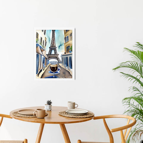 Parisian Brew - Framed Poster - The product with white frame is placed in a minimalist ambiance with a set table and plants - Cafetitude Wall Art