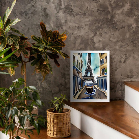 Parisian Brew - Framed Poster - The product with white frame is placed in a stair scene decorated with plants - Cafetitude Wall Art