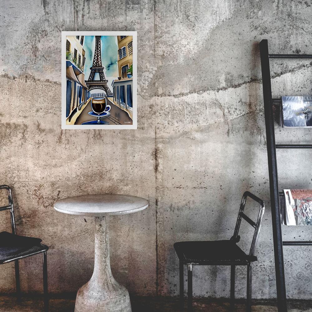 Parisian Brew - Framed Poster - The product with white frame is placed in a industrial-style coffee shop ambiance with a set table - Cafetitude Wall Art